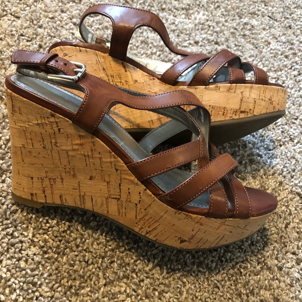 Brown leather wedges